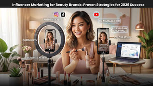 Influencer applying makeup with ring light, surrounded by cosmetics and gadgets. Text overlays: authenticity, community, ROI. Cozy setting.