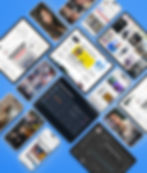 Collage of tablets and smartphones displaying social media posts, podcasts, analytics dashboards, and marketing articles — showcasing Venture Media’s multi-platform content execution and brand visibility