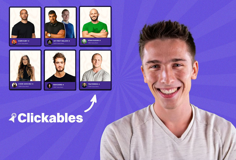 Jeremy Mary, founder of Clickables and host of the Backstage Careers podcast, featuring clickable guest cards with Tim Ferriss, Sahil Bloom, Codie Sanchez, and more.