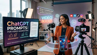 Woman filming with camera, bright studio. Screen displays "ChatGPT Prompts for Video Marketing." Neon text highlights "Video Boost."