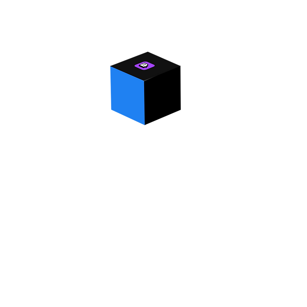 3D cube with a Twitch logo on top, featuring blue and black faces on a light gray background.