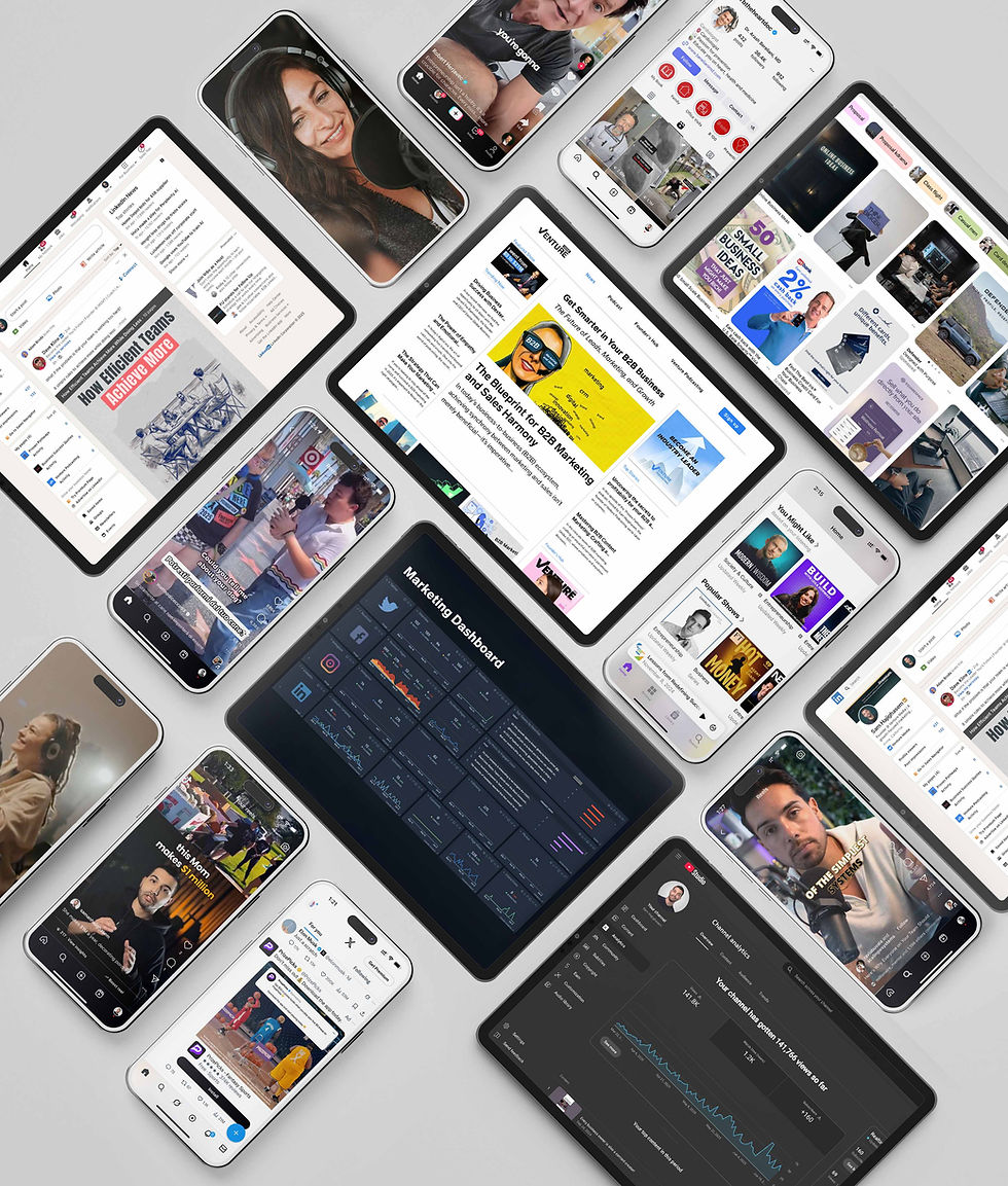 Collection of tablets and smartphones displaying content across YouTube, Instagram, LinkedIn, blogs, analytics dashboards, and newsletters—showcasing a multi-channel content marketing and SEO strategy in action.
