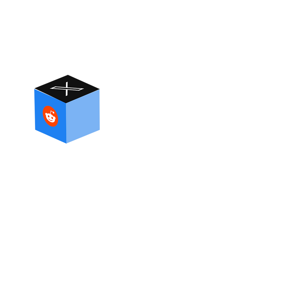 3D cube featuring Reddit and X (Twitter) logos on blue and black faces, symbolizing social media platforms.