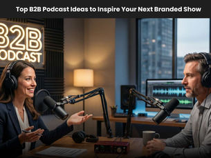 Two people with headphones and microphones recording a podcast in a modern studio. "B2B Podcast" sign, cityscape view, warm lighting.
