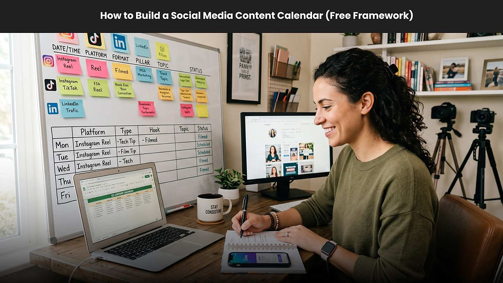 Smiling woman plans a social media content calendar at a desk with laptop, whiteboard sticky notes, and monitors.
