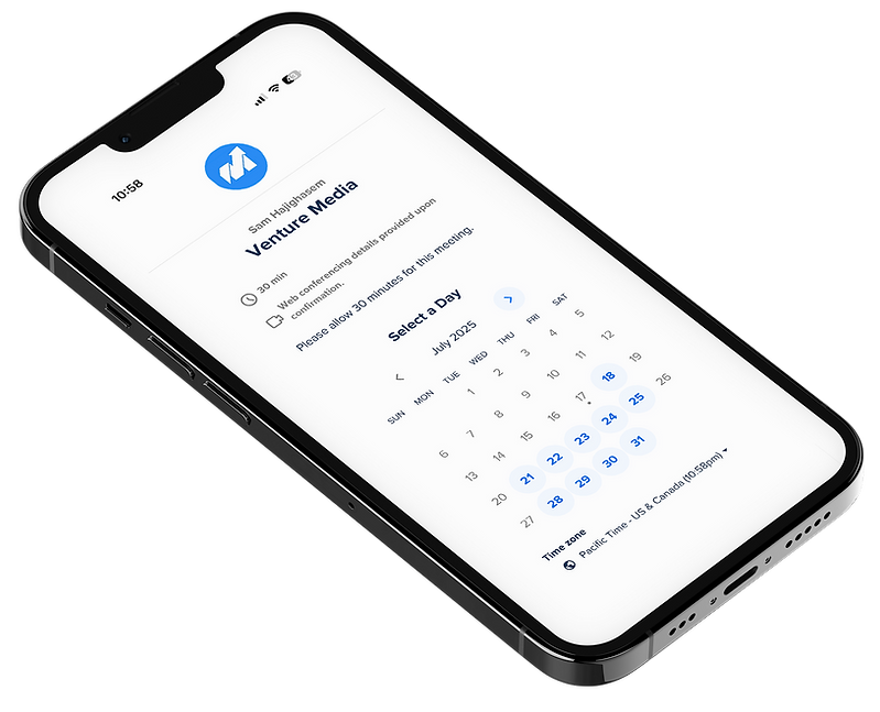 Smartphone screen showing a booking calendar for Venture Media scheduling.