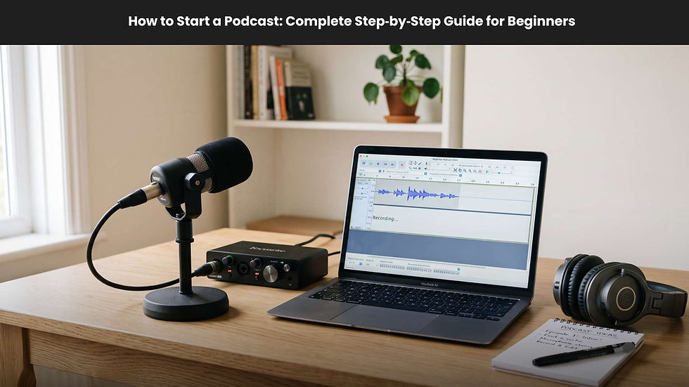 Podcast setup on desk with microphone, laptop showing audio waveform and headphones; title reads How to Start a Podcast.