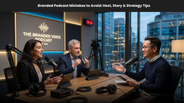 Three hosts record a branded podcast in a modern city studio, with mics, laptops, ON AIR sign, and title text on wall.