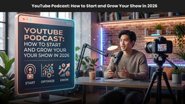 Man podcasting in a modern studio with a mic and camera. Screen displays "YouTube Podcast: How to Start and Grow Your Show in 2026". Cozy vibe.