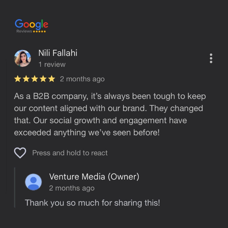 Google review from Nili Fallahi praising Venture Media for aligning B2B content with brand and driving record social growth and engagement