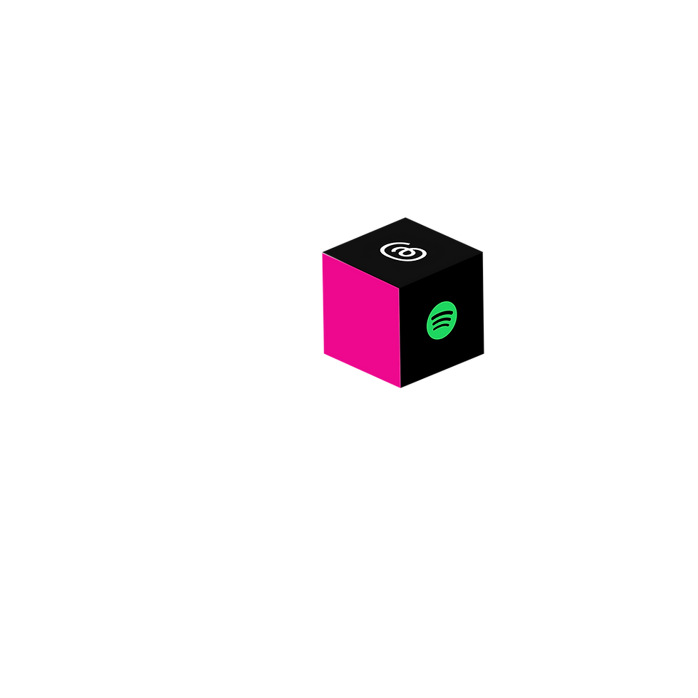 3D cube with Spotify and Threads logos on black and pink faces, representing music streaming and social media platforms.