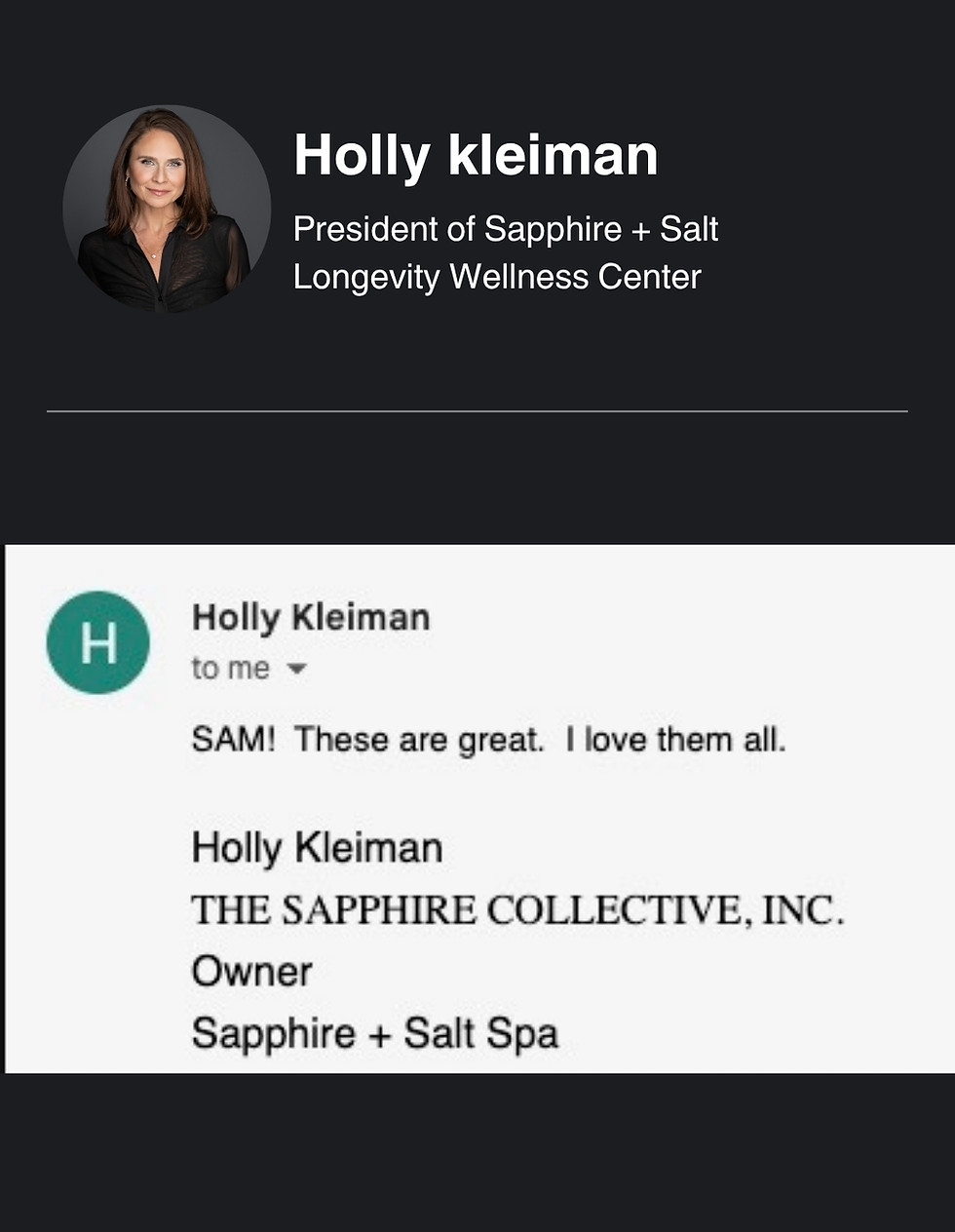 Screenshot of Holly Kleiman, President of Sapphire + Salt Longevity Wellness Center, with a positive client email saying, "SAM! These are great. I love them all." Holly Kleiman is listed as Owner of Sapphire + Salt Spa and The Sapphire Collective, Inc.