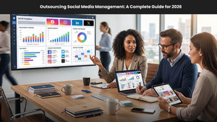 Office team reviews social media analytics dashboard during a meeting; banner reads Outsourcing Social Media Management for 2026.