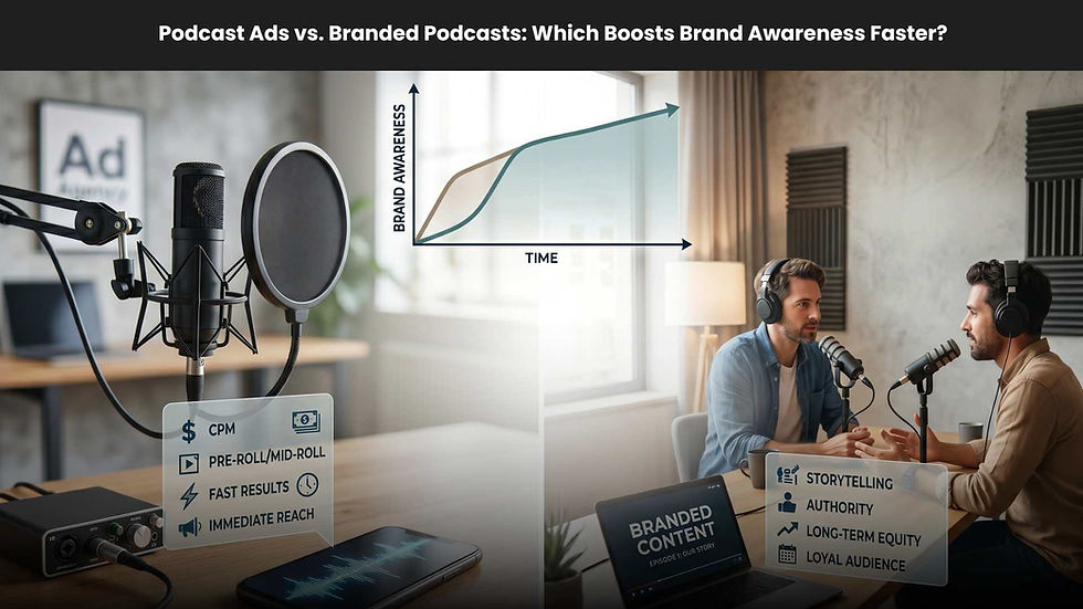 Podcast studio infographic comparing ads and branded podcasts, with host microphones, brand awareness graph, and text labels.