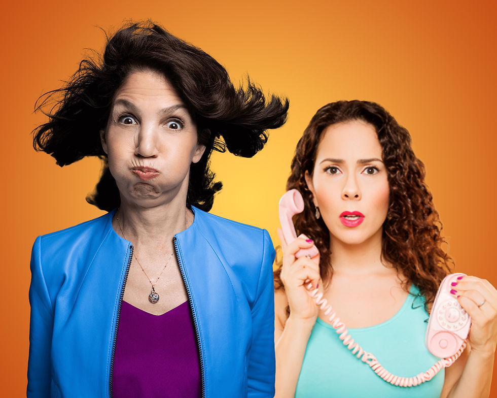 Comedic podcast hosts Karen Bergreen and Kyle posing with exaggerated expressions, Karen with puffed cheeks and wild hair, and Kyle holding a pink retro phone, against a bright orange background.
