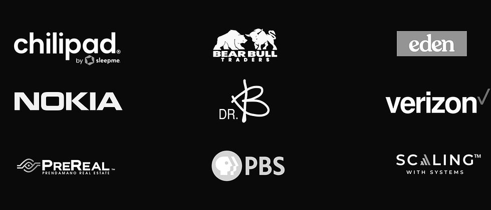 A black-and-white brand logo collage featuring companies Venture Media has worked with, including Nokia, Verizon, PBS, Eden, ChiliPad, and other client brands.