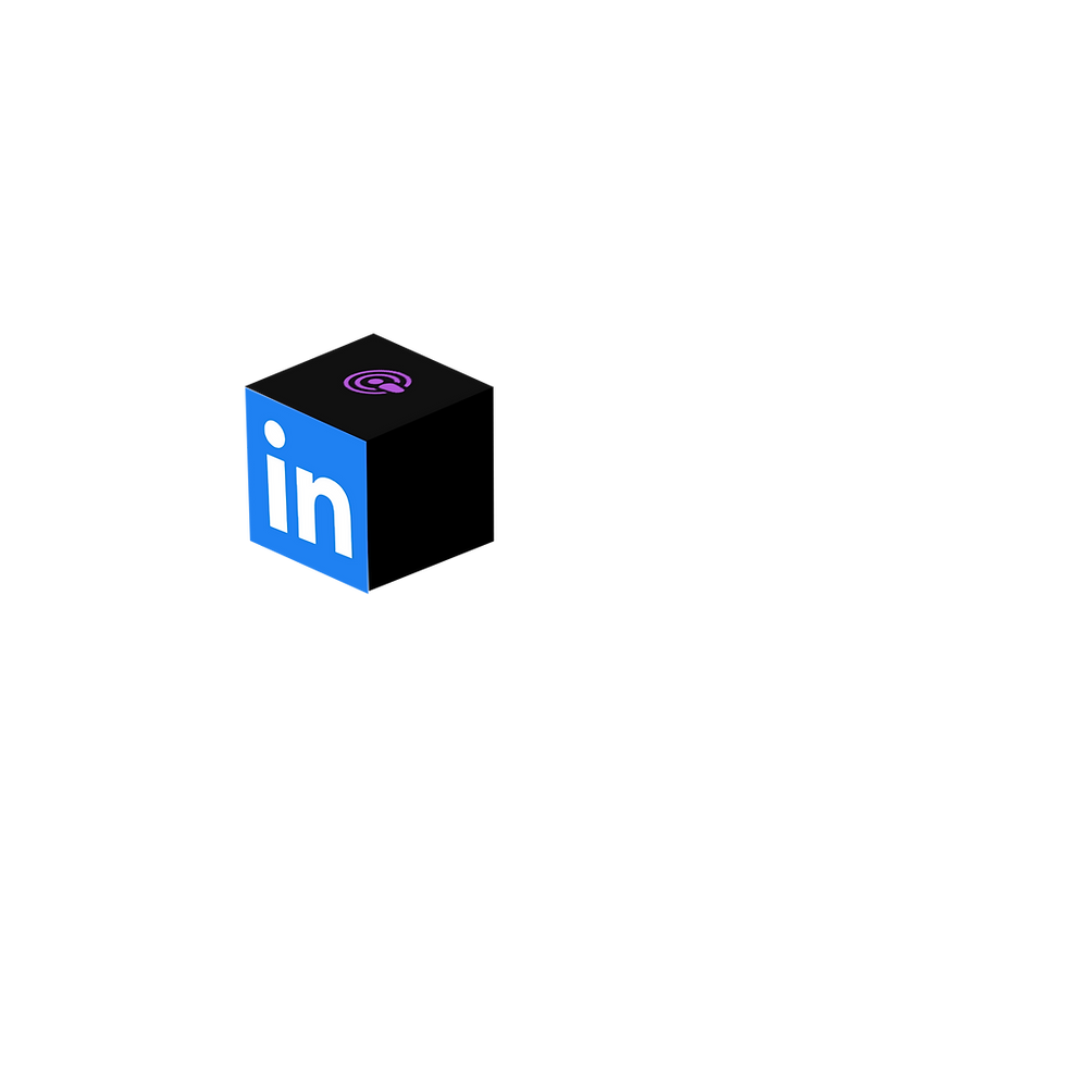3D cube with LinkedIn and Apple Podcasts logos on blue and black faces.