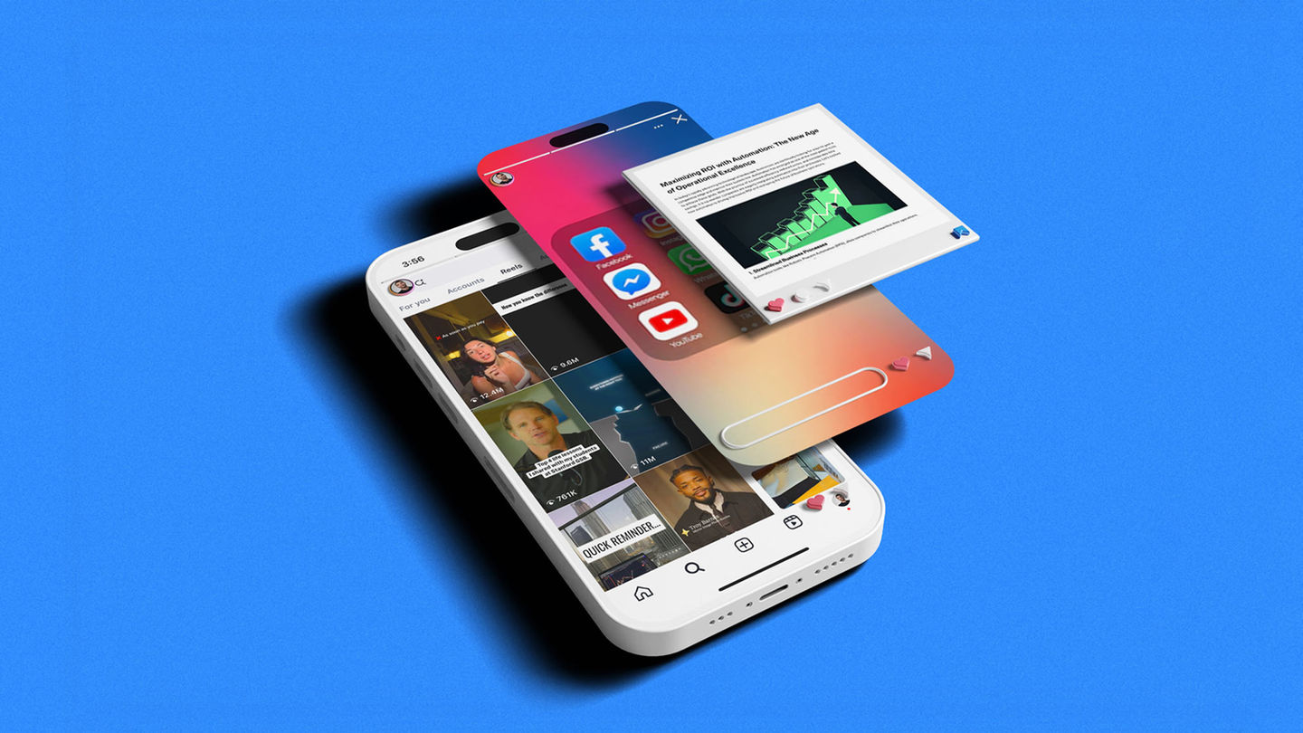 3D illustration of a smartphone displaying social media content, with floating app icons and a blog-style post card above it on a blue background.