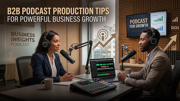 Two people podcasting in a modern studio. Text reads: "B2B Podcast Production Tips for Powerful Business Growth." Charts on screens.