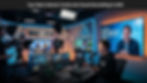 Podcast studio with hosts discussing video trends. Screens display "Top Video Podcast Trends 2026." Bright, tech-themed setting.