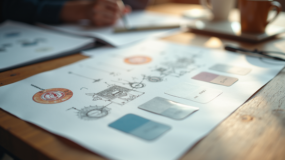 Close-up view of a creative logo design process with sketches and color palettes