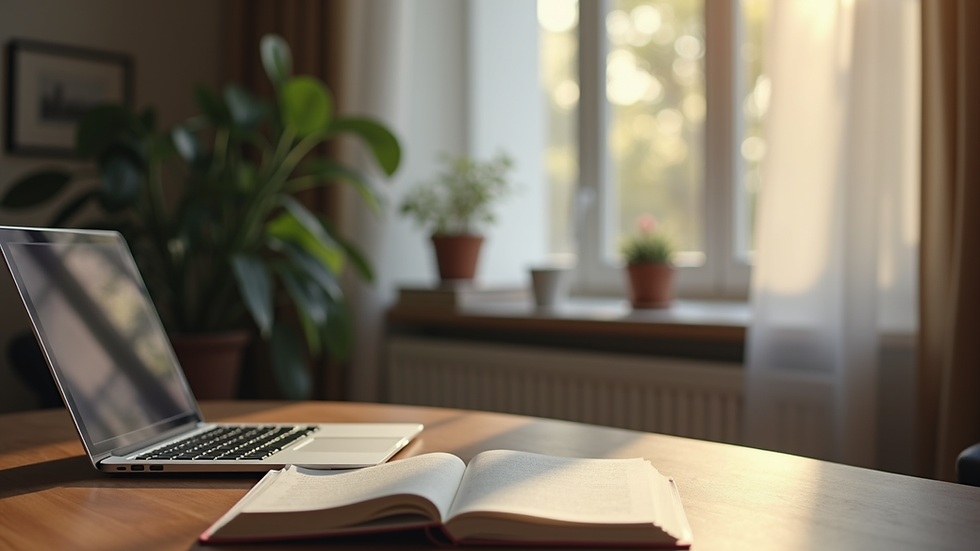 Wide angle view of a serene study space with a laptop and books