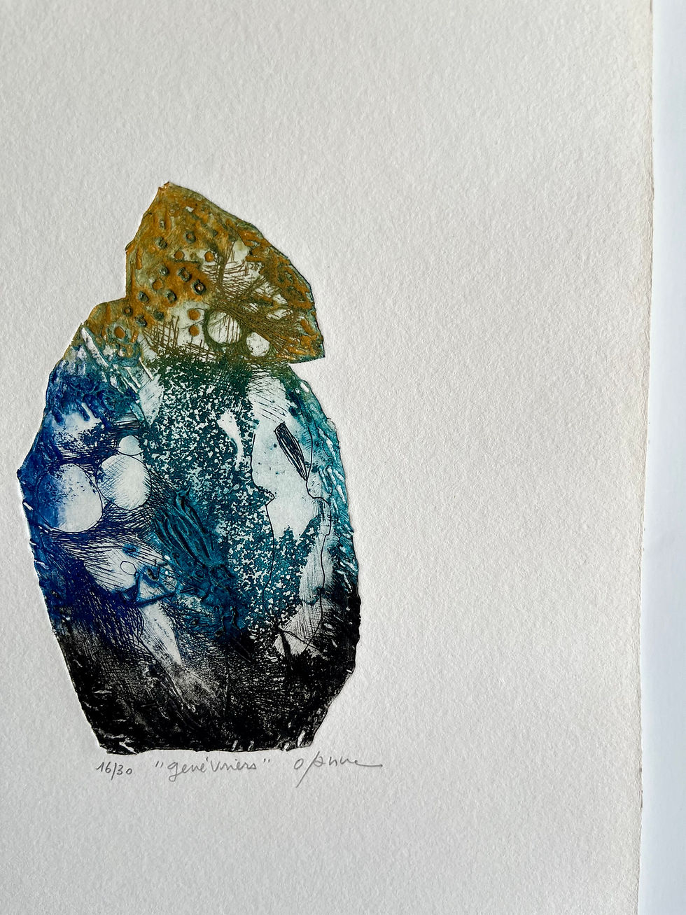 Thumbnail: 1990 Osanne Génévriers Original Signed Etching Limited Edition 16/30 - Close-up Detail of center artwork