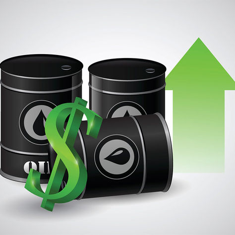 Illustration of black oil barrels with a green dollar sign and an upward arrow.