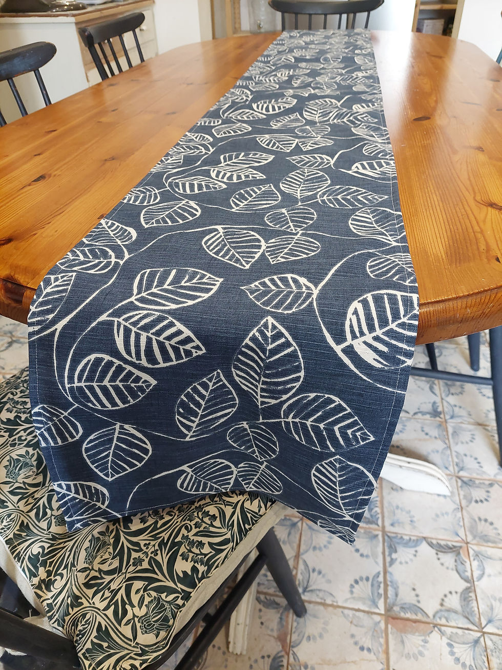 Table Runner blue cotton fabric with white leaf pattern.