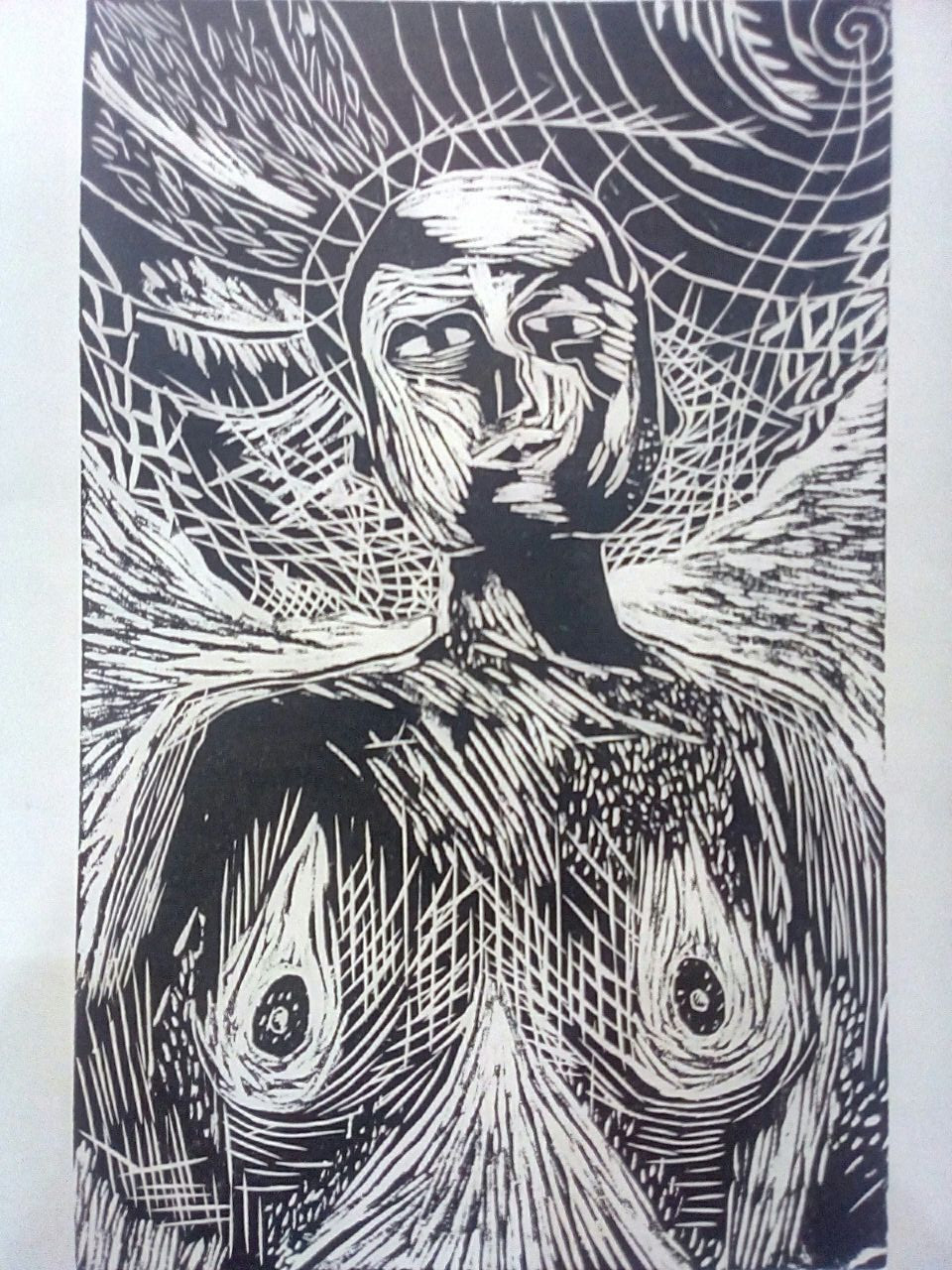 Aline Fonseca. A prismática (2018), xilogravura sobre papel de seda.