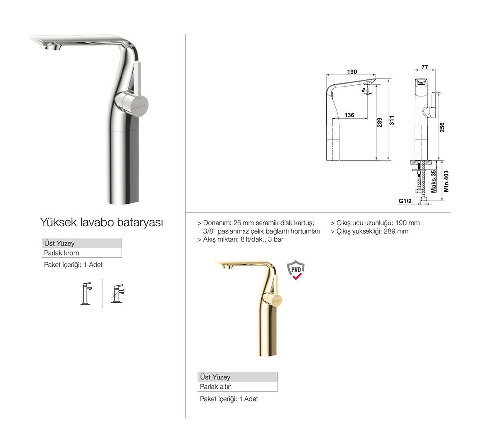 Sonate Yüksek Lavabo Bataryası Parlak Altın Renkli