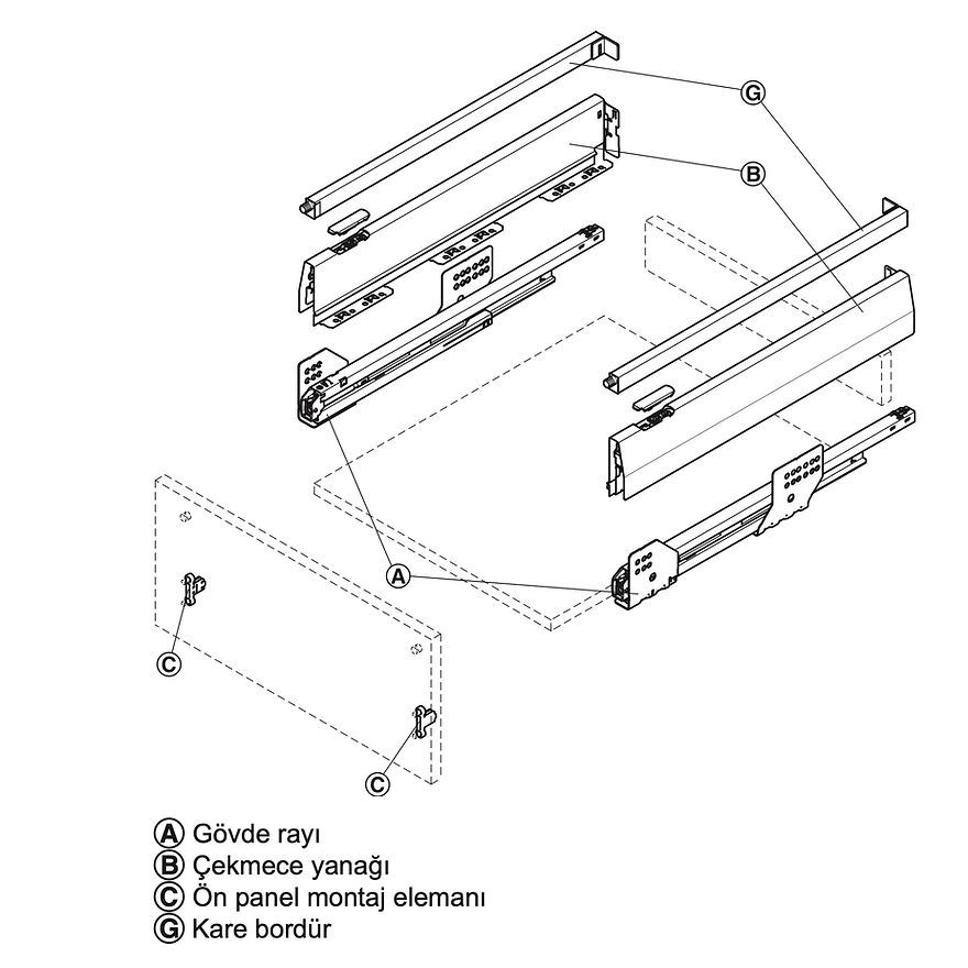 Küçük resim: Hafele Matrix Box P Kare Bordürlü Çekmece Seti Gri 450mm