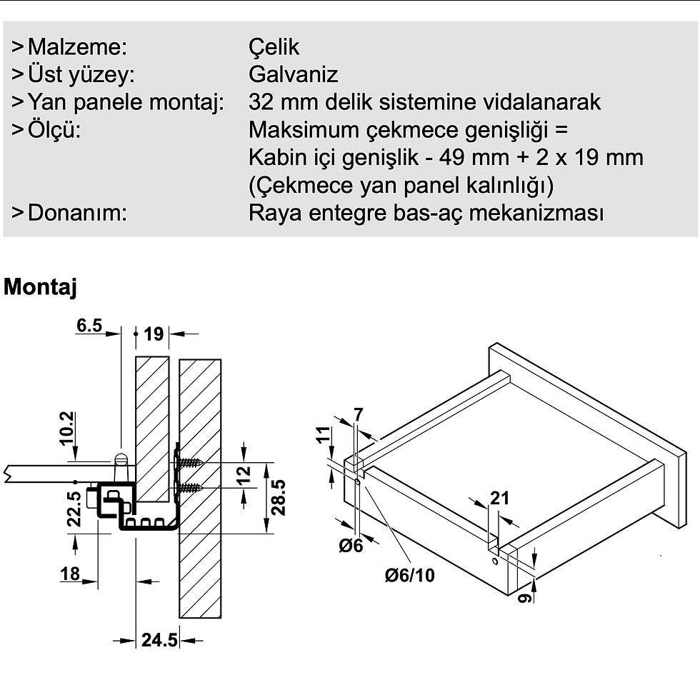 Küçük resim: Hafele Matrix Runner Mandallı Bas Aç Ray Tek Açılım 450mm
