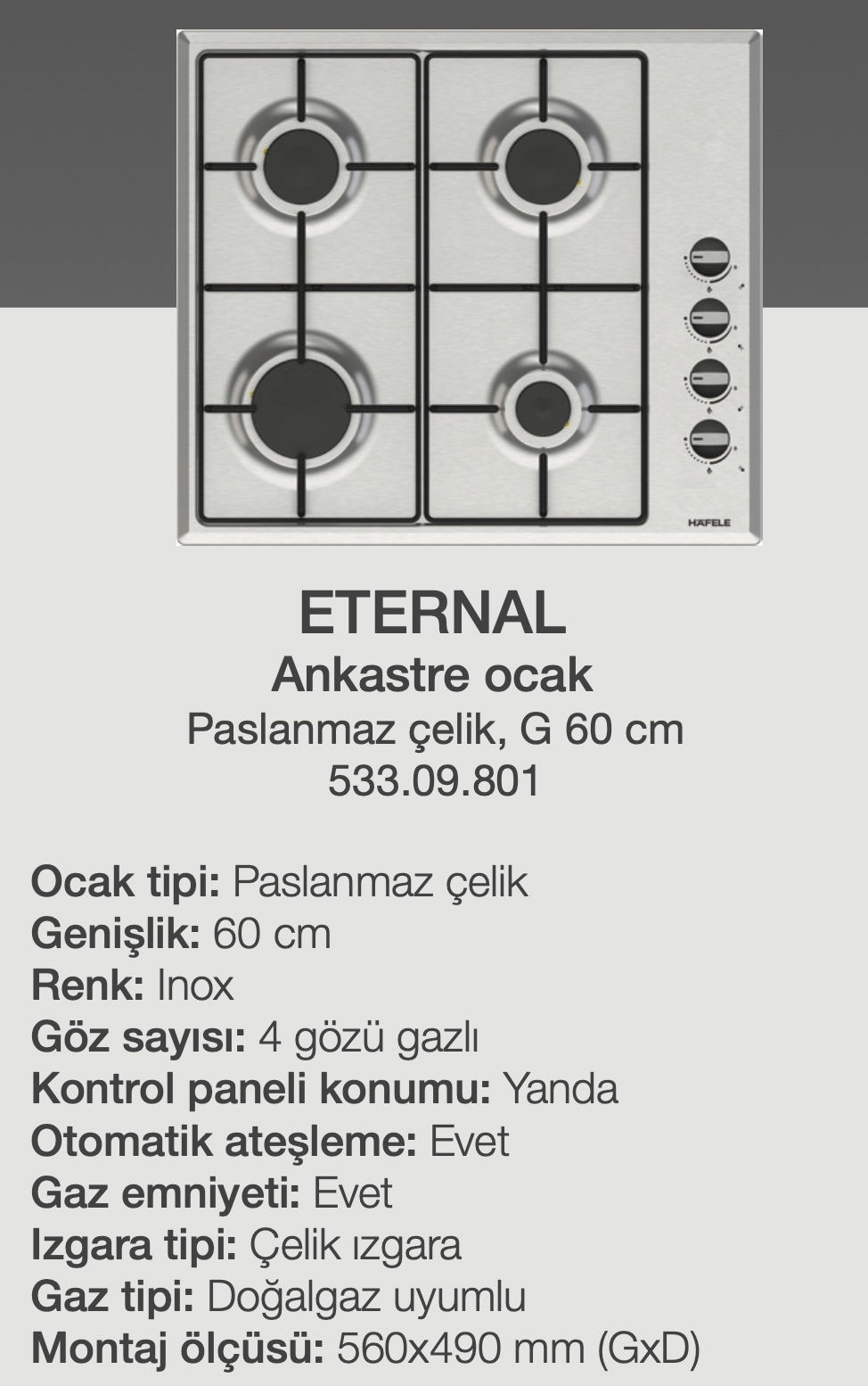 Hafele Eternal Ankastre Ocak Paslanmaz Çelik