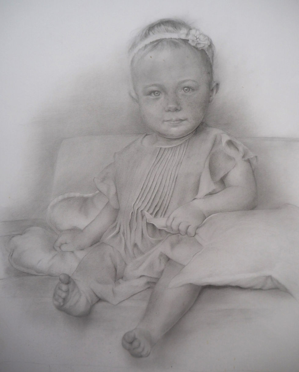 realistische fine art bleistiftzeichnungen von Portraits einer Frau, einem Mädchen und einem Baby