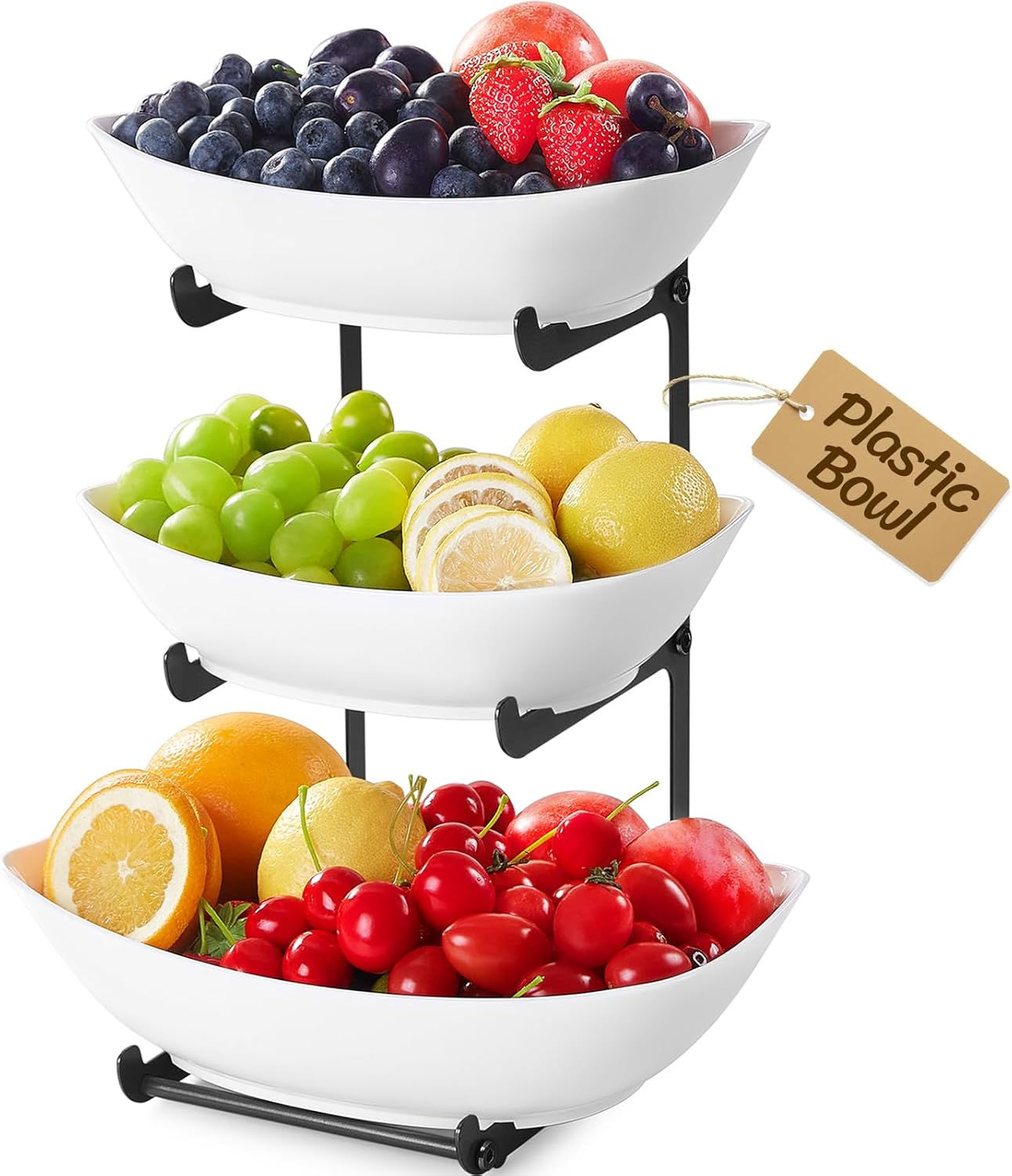 Lifewit Fruit Stand with 3 Levels, Plastic Fruit Bowl with Black Metal Rack, Fru