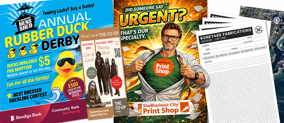 Examples of print work produced by Shellharbour City Print Shop for customers in the Kiama Municipality