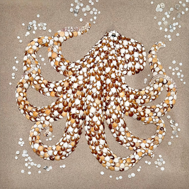 Mimic Octopus sand and seashell art by Anna Chan