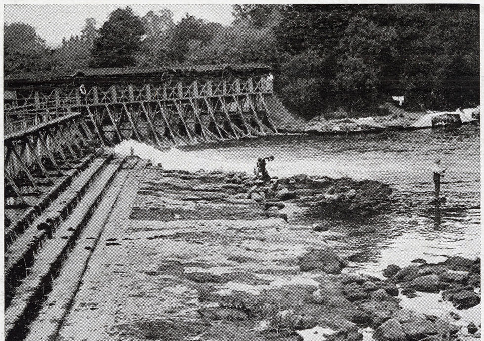 Black-and-white photo of Molesey Weir on the Thames nearly dry, with exposed rocks and a couple of people near low water.