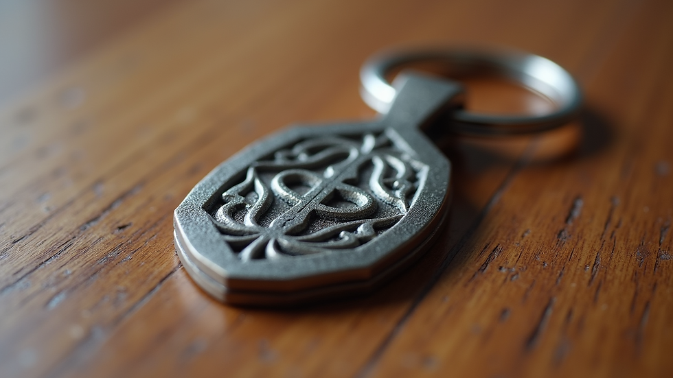 Eye-level view of a custom 3D printed keychain with intricate design on a wooden surface
