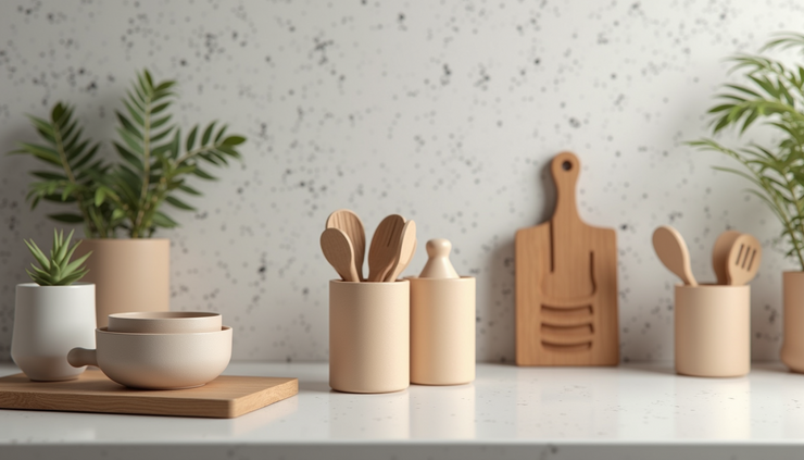 High angle view of a kitchen countertop with various 3D printed kitchen tools and organizers neatly arranged