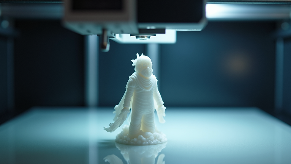 Eye-level view of a resin 3D printer printing a miniature figure