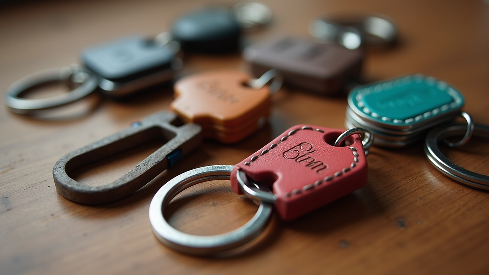 Close-up view of a variety of custom keychains on a wooden surface