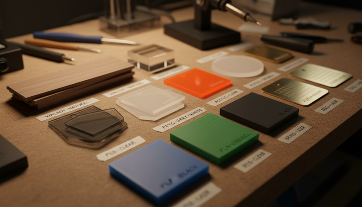Angled view of sample material swatches for 3D printing and laser engraving