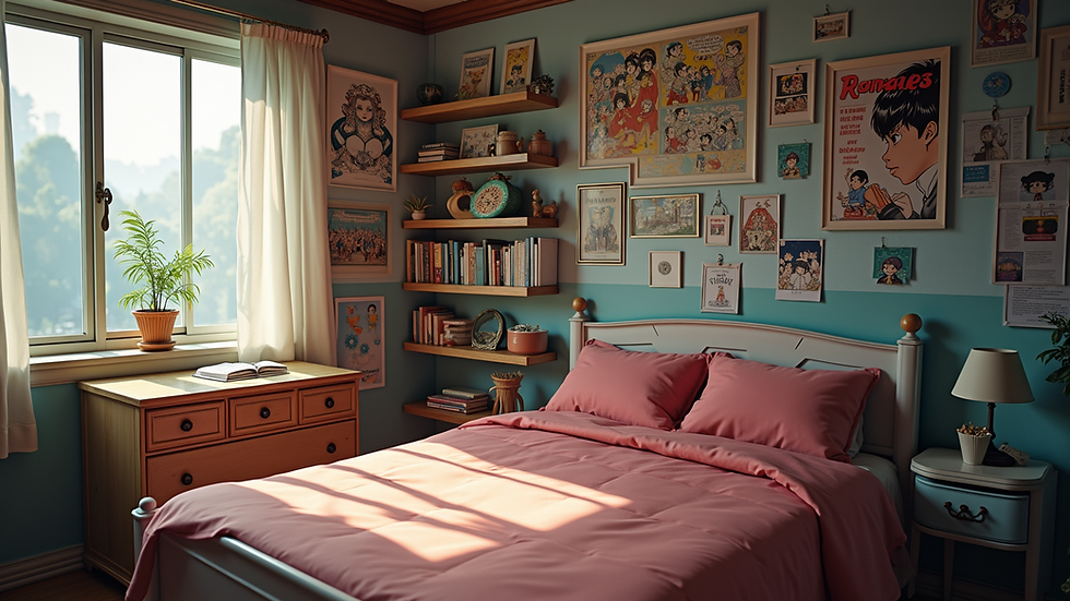 High angle view of a manga-themed room corner with shelves and decorations