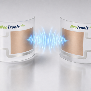 Two flexible printed ultrasonic sensors facing each other and emitting ultrasonic waves, illustrating NeoTronis printed electronics technology.