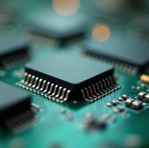 Close-up of electronic circuit and microchip illustrating AI and sensor integration in advanced embedded systems.