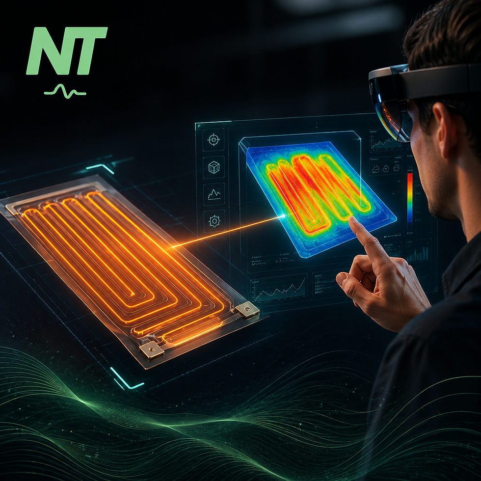 Augmented reality visualization of heat distribution on a flexible printed electronic heating element with real-time thermal mapping.