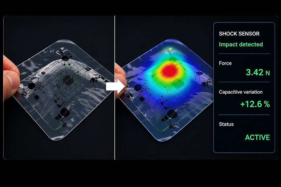 Capteur de choc flexible en électronique imprimée avec visualisation en réalité augmentée montrant une détection d’impact et une cartographie thermique