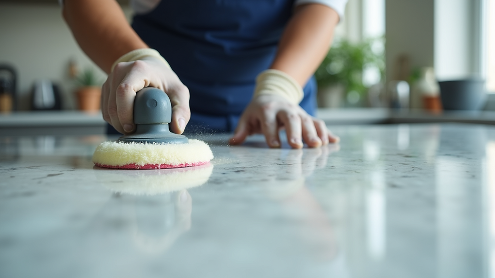 Eye-level view of a professional cleaner polishing a marble countertop